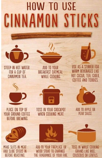 Infographic on how to use cinnamon sticks with illustrations and text.