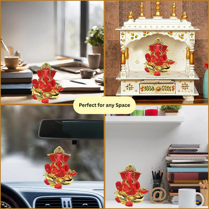 Gold Art India Gold Plated with Red Terracotta Gaddi Ganesha for Car Dashboard Home Decor Gifting Diwali Birthday Festivals (Gold Red)