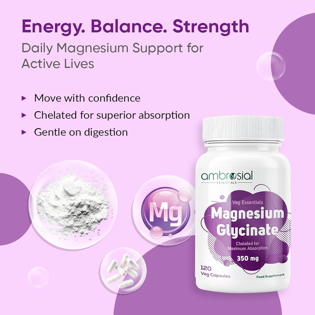 Ambrosial Magnesium Glycinate supplement bottle on a purple background with text about energy, balance, and strength.