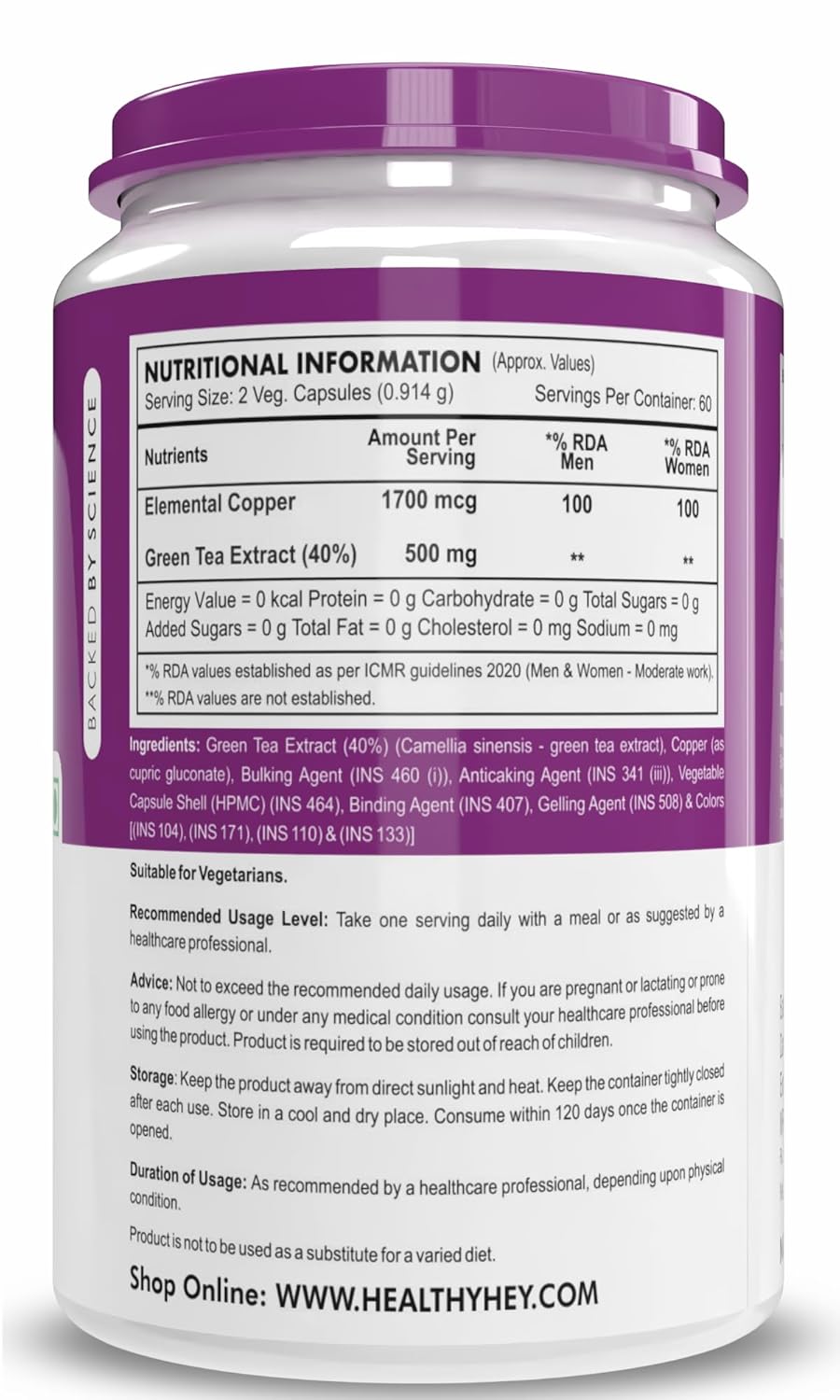 Nutritional information label on a supplement container with a purple lid.
