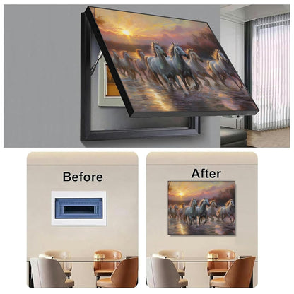 Electric MCB Box Cover Frame With Hydraulic Decorative Painting White 7 Running Horse Painting Electrical Panel box Cover, Switch Box Frame Will Fit Max 10x14 inch Switch Board, Outer Size 13X17 Inch
