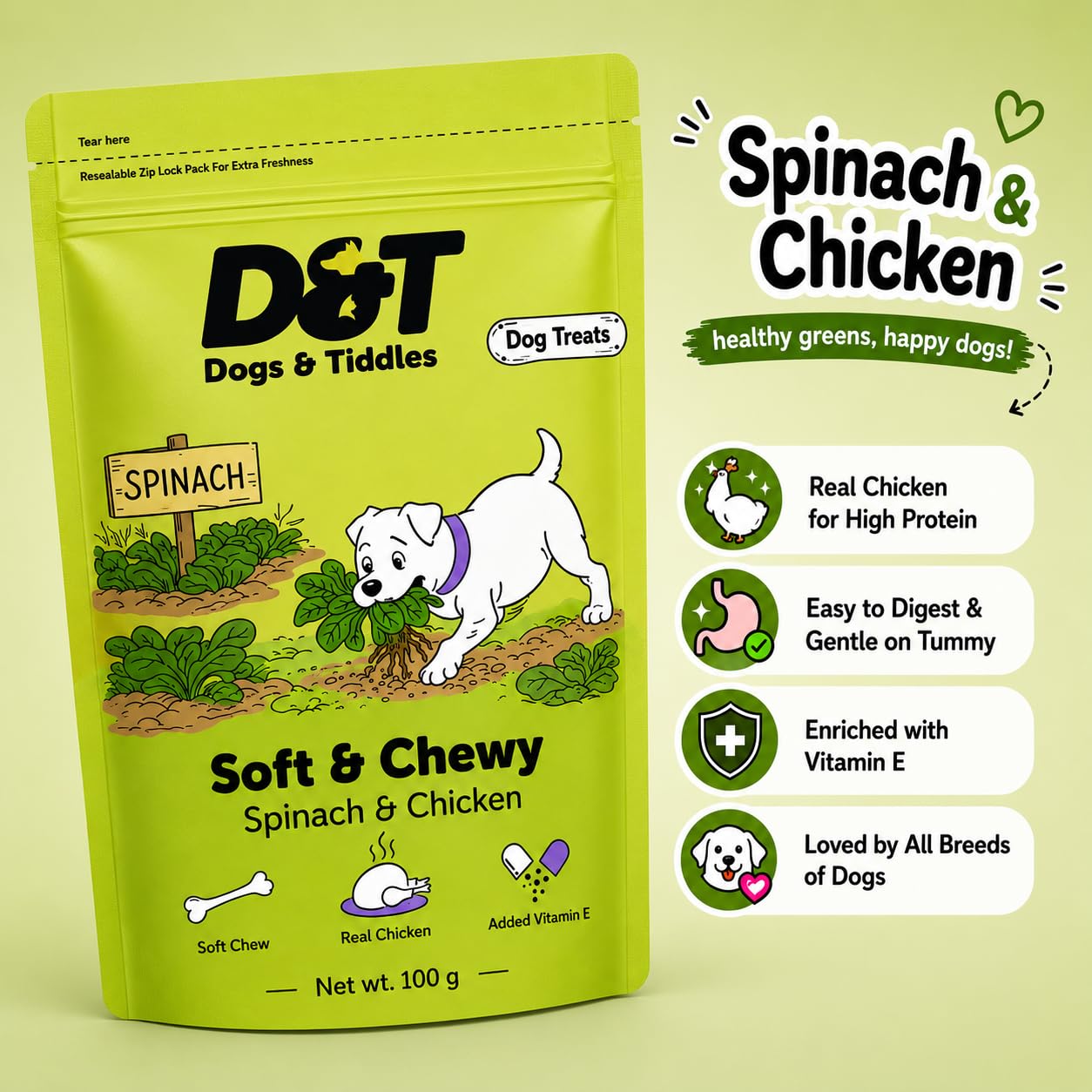 Dogs & Tiddles Spinach & Real Chicken Dog Treats for Puppies & Adult Dogs, 100g | Soft & Chewy Puppy Treats | Easily Digestible and Healthy| Tasty Training Treats and Dog Snacks
