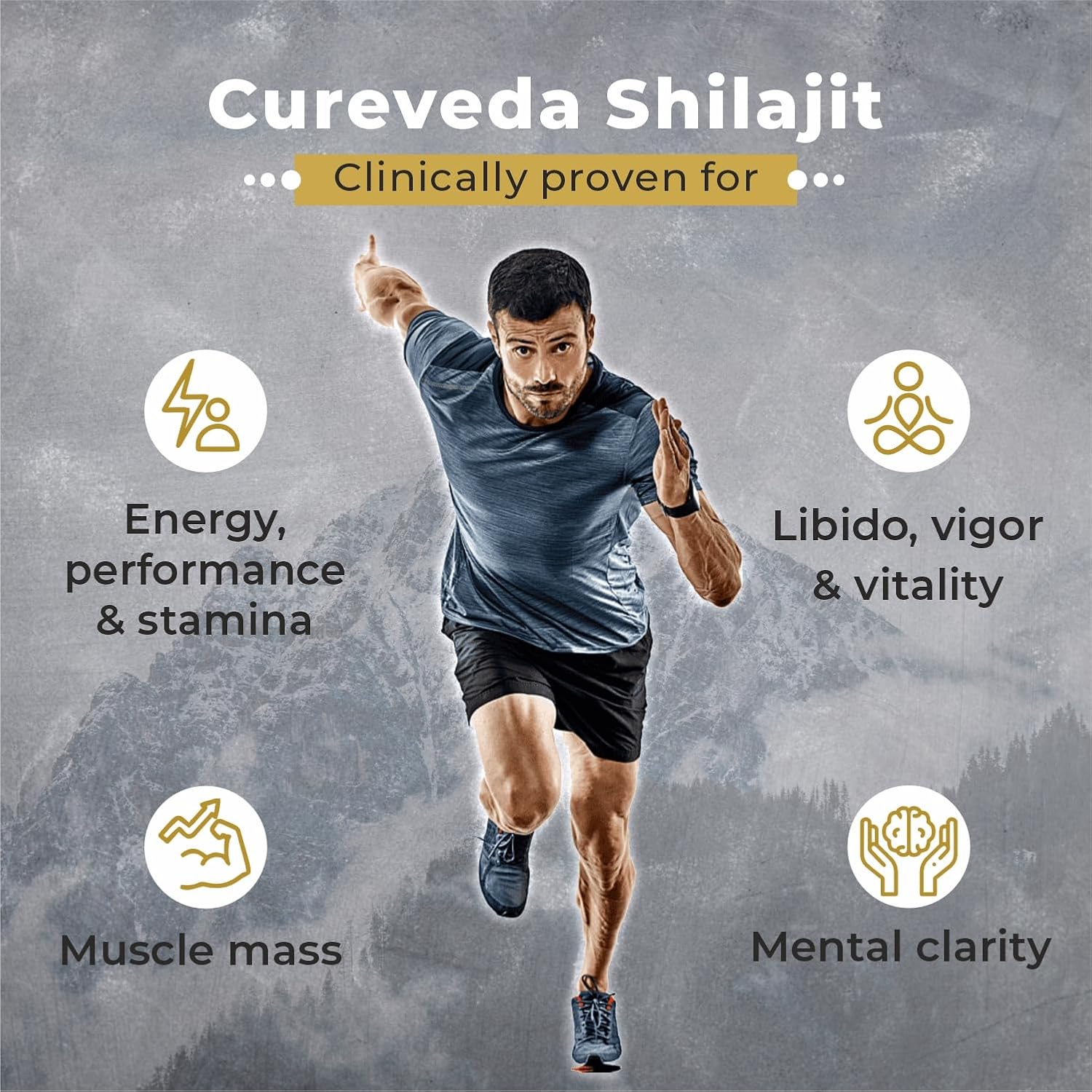 Man running with Cureveda Shilajit benefits listed on a gray background