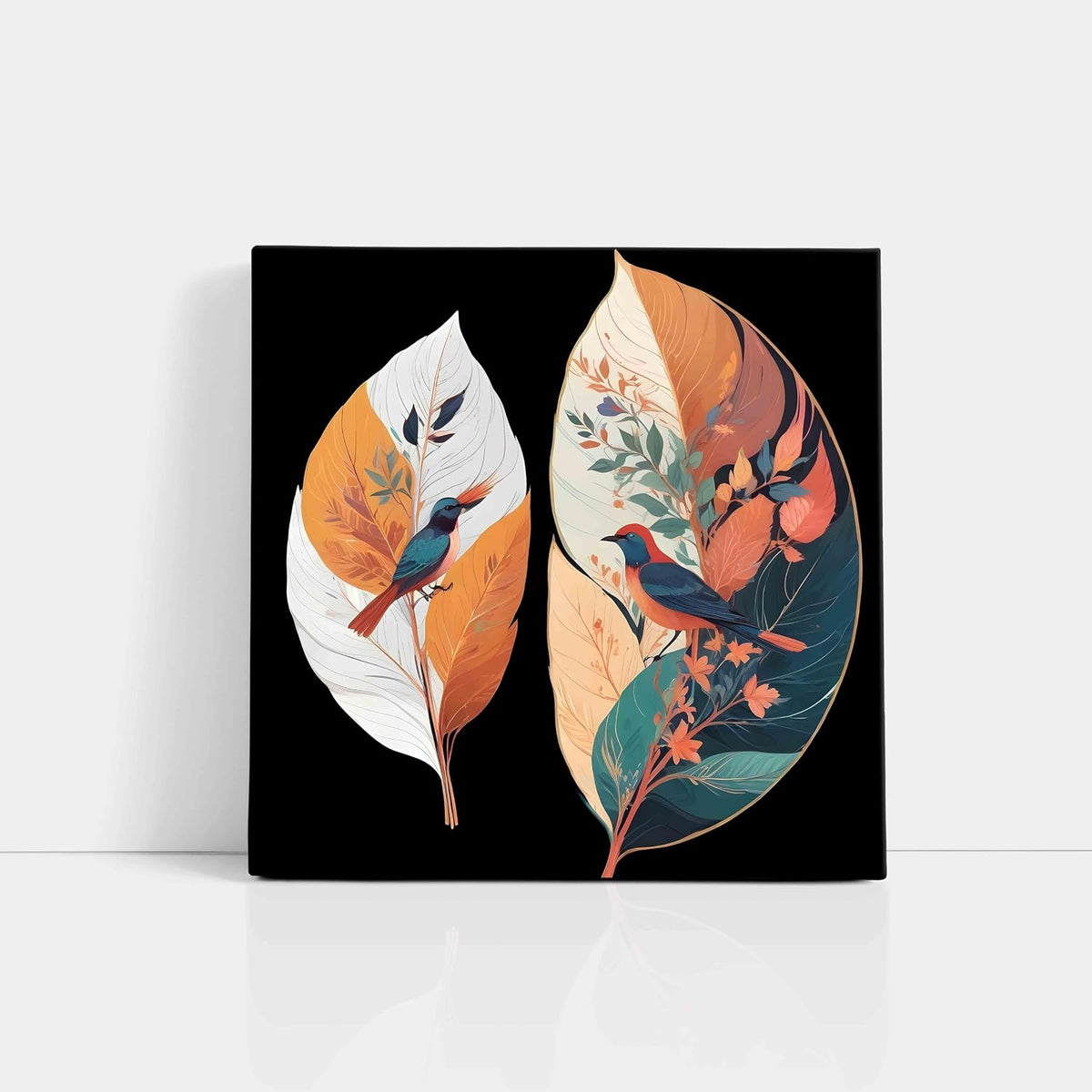 Tropical Birds Wall Art, Decorative Feather Canvas Print, Black Background, Orange and Teal Botanical Design 16 Inch x 16 Inch CVS-38105