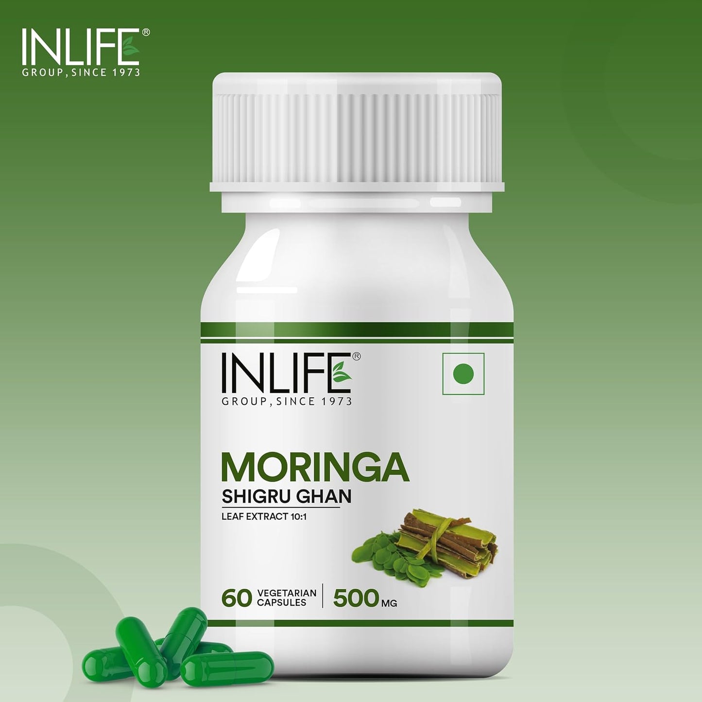INLIFE Moringa Capsules 500mg | Leaf Extract (10:1) Powder Supplement | Water Distillation Extraction | Quick Absorption than Tablet - 60 Vegetarian Capsules (Pack of 1, 60)