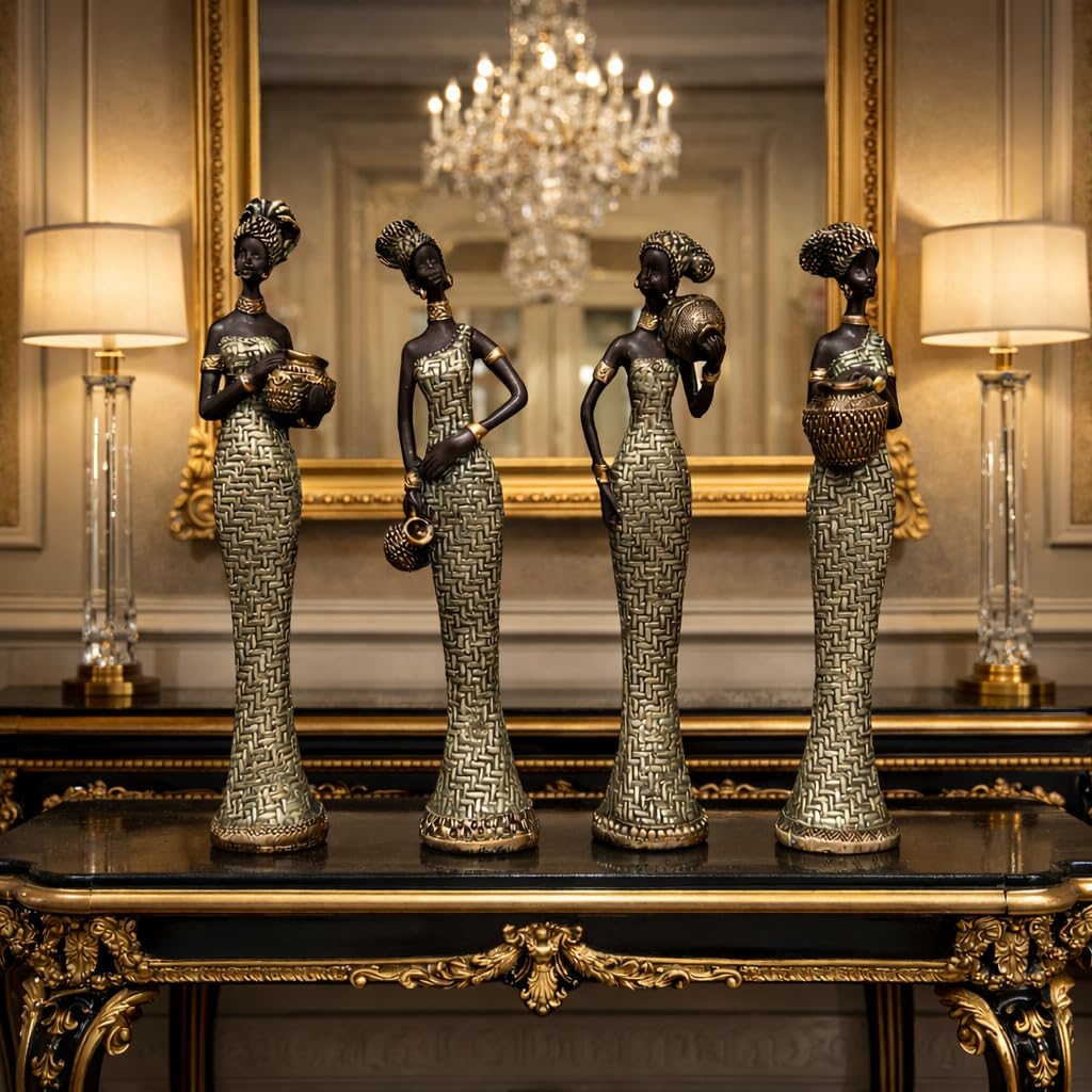 Vibrant Beautiful Finish Uniquely Hand Crafted Home Decor African Tribal Women Art Piece (African Lady Set of 4 with matki)
