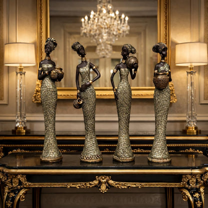 Vibrant Beautiful Finish Uniquely Hand Crafted Home Decor African Tribal Women Art Piece (African Lady Set of 4 with matki)