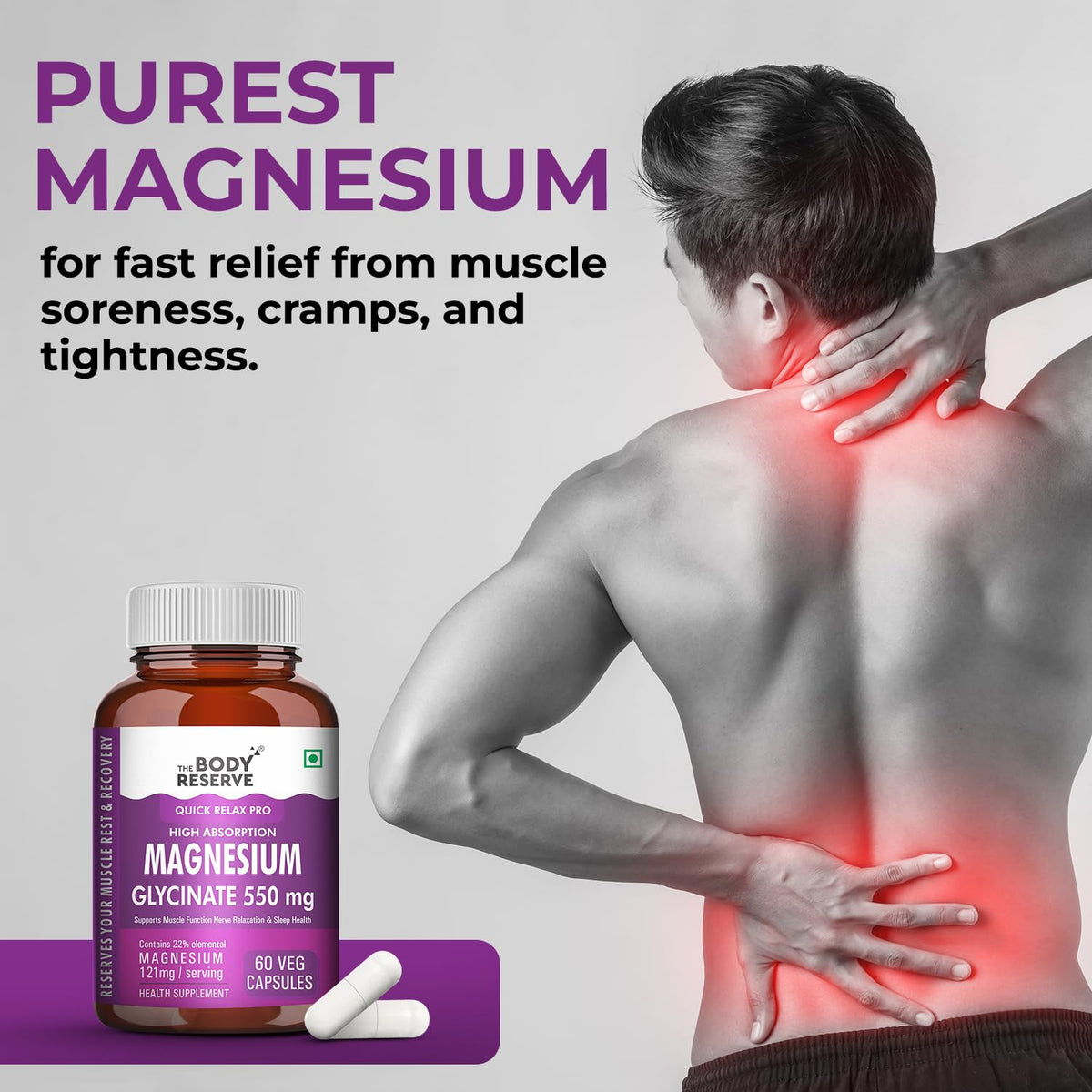 Body Reserve Magnesium supplement bottle with a person experiencing muscle pain on a gray background