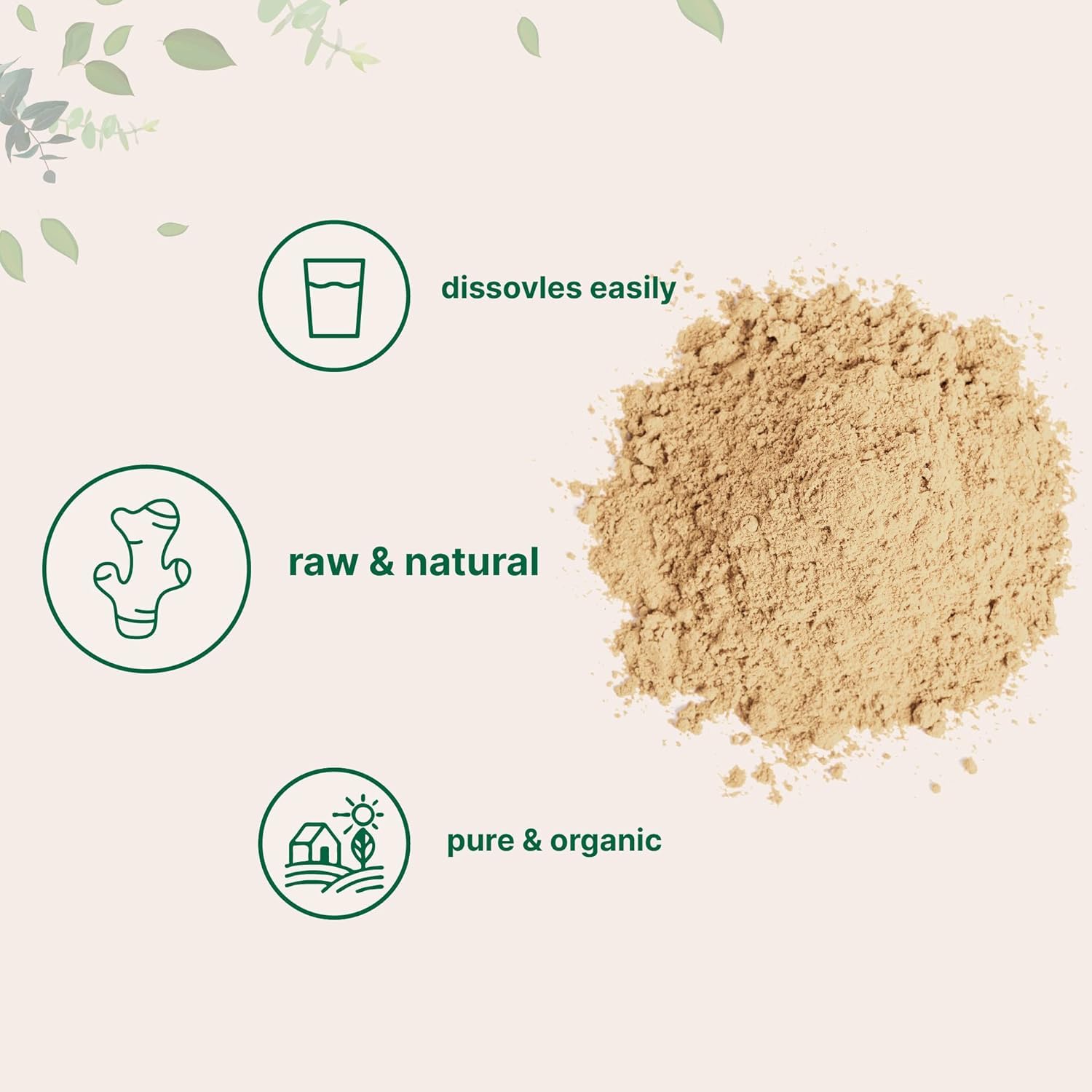 Beige powder with green icons and text on a light background