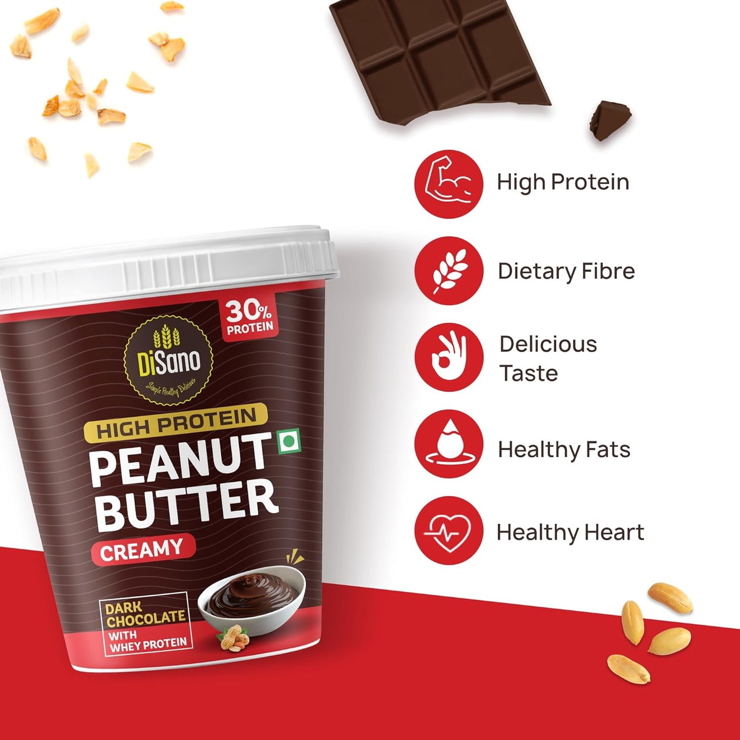 DiSano High Protein Dark Chocolate Peanut Butter with Whey Protein, Creamy | 30g Protein. Gluten Free, Post & Pre Workout snack