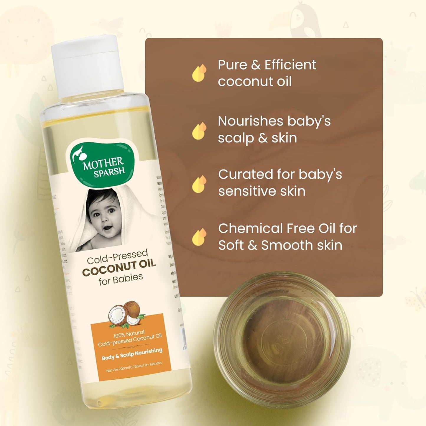 Mother Sparsh Cold Pressed Virgin Coconut Oil for Baby Massage, Skin & Hair Care | 100% Natural Baby Oil for New Born | 200ml