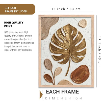 Golden Leaf Wall Art Home Decoration | Aesthetic Floral Paintings With Frame For Living Room Bed Room Hotel Wall Decor Digital Reprint (13x17 inch)
