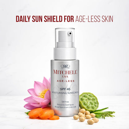 Mitchell USA Ageless Anti Aging Face Sunscreen SPF 45 | UVA/UVB Protect | Vitamin E, Carrot, Soyabean & Lotus Seed Extract | For All Skin Types of Men & Women | Alternative to Sunscreen SPF 50 | 50ml