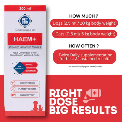 PET360 HAEM+ Advanced Haematinic Formula | Health Booster & Liver Tonic for Cats & Dogs | with Extracts of Papaya & Silymarine | Active Combination of Iron, Blood Support Vitamins & Herbs - 200 ml