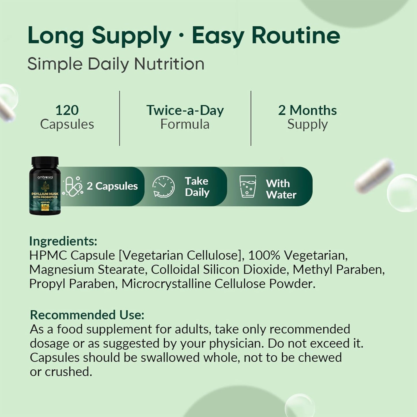 Supplement bottle with label details on a green background