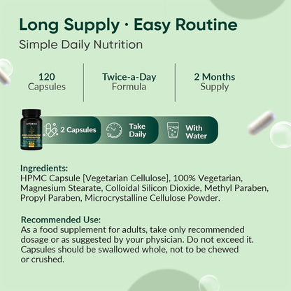 Supplement bottle with label details on a green background
