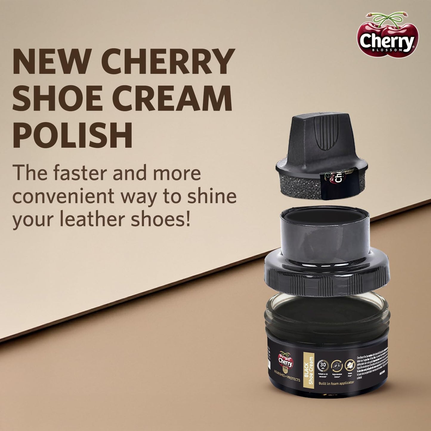 Cherry Blossom Shoe Cream with Built-in Applicator | Premium Leather Care | Rejuvenates Faded Color | Polishes In 30 Secs | 10X More Shine| Mess Free (Black, 48 gm)