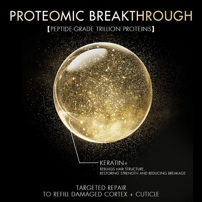 Advertisement for 'Proteomic Breakthrough' with a gold sphere and text on a dark background