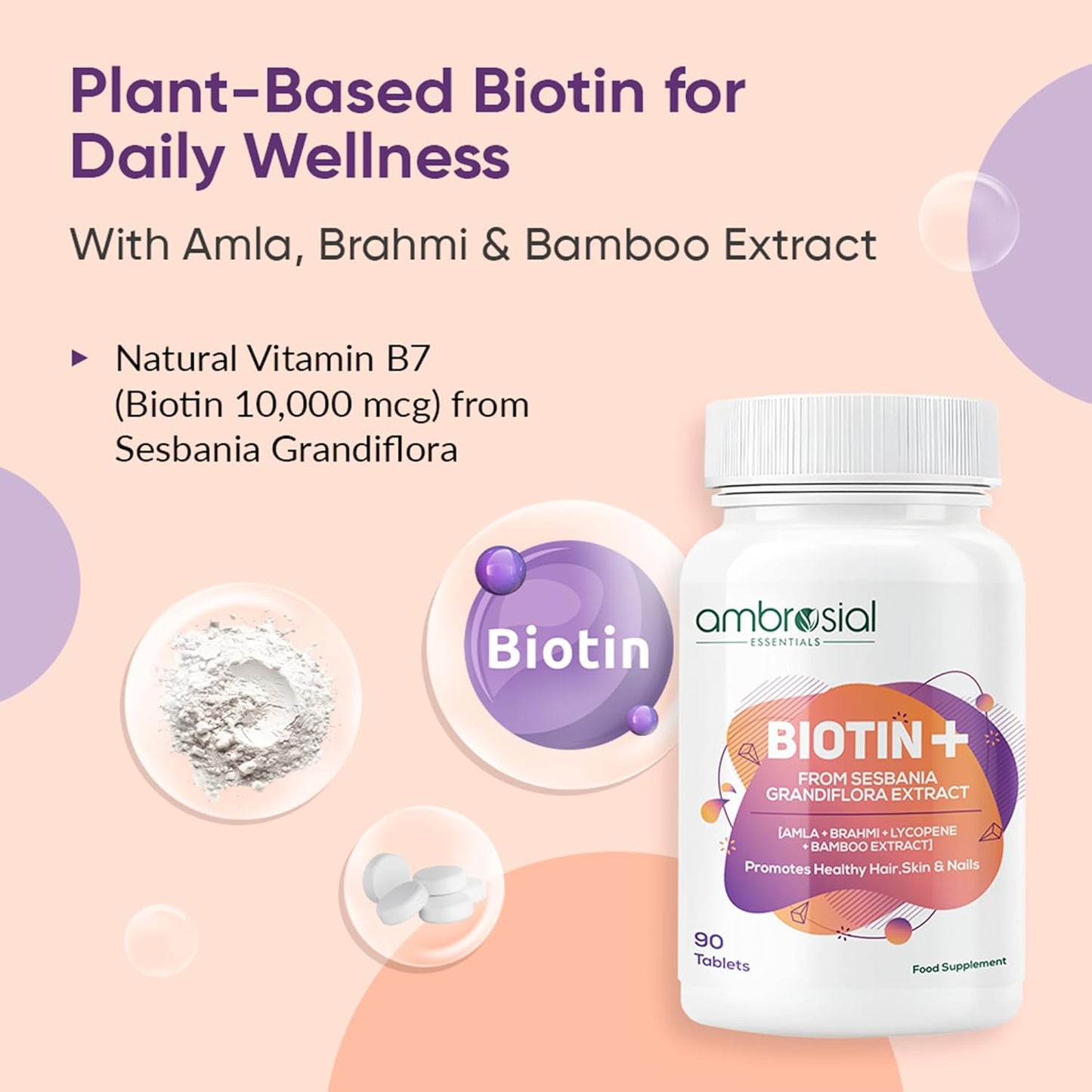 Ambrosial Biotin supplement bottle with product details on a light pink background