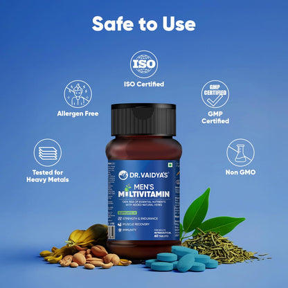 Dr. Vaidya’s Men’s Multivitamin Tablet | Natural Multivitamin for Men Enriched with Ayurvedic Herbs | Goodness of Vitamin C tablets, Vitamin D, Calcium, Vitamin D3, and Magnesium Supplement | 60 Tablets