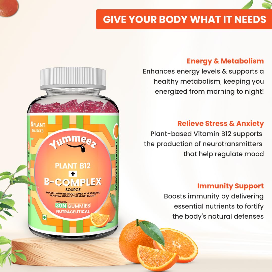 Yummeez Plant B12 + B-Complex gummies packaging with orange slices on a light background