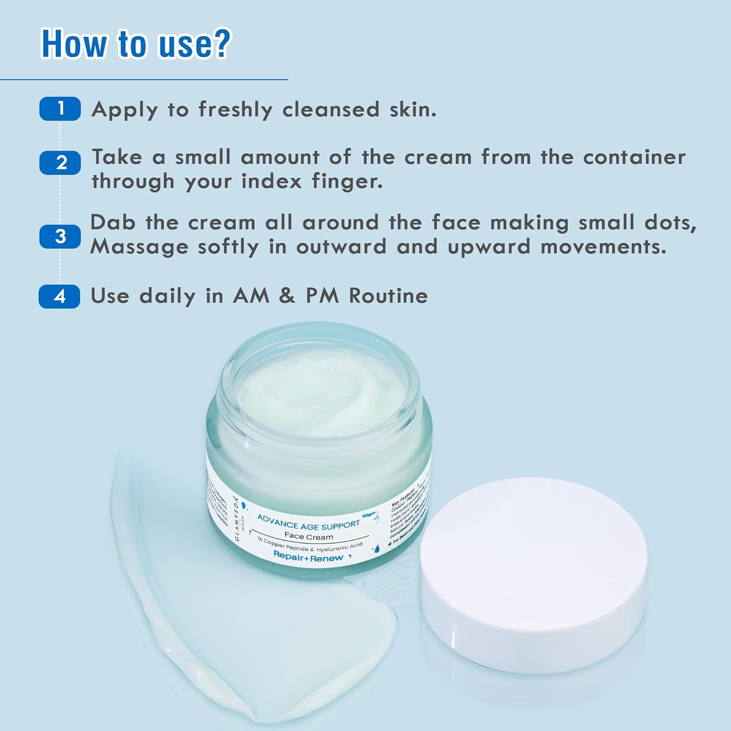 Glamveda 1% Copper Peptide & Hyaluronic Acid Moisturizer Cream- 50g | Reduces Fine Lines & Wrinkles Deep Moisturizing Face Cream | For Men & Women | All Skin Type