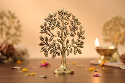 Kalpavriksha Tree of Life Showpiece with Birds, 15 cm Golden Metal Kalpvriksh for Home Mandir, Vastu, Office Table, Housewarming & Diwali Gift