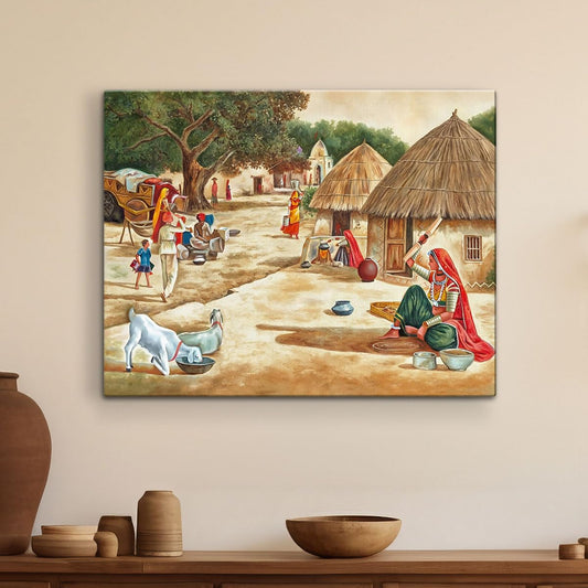 Indian Village Scenery Painting Vastu Nature Wall Art, Wall Decor For Living Room, Multicolor, Nature, 58.0 X 45.0 cm, Set of 1