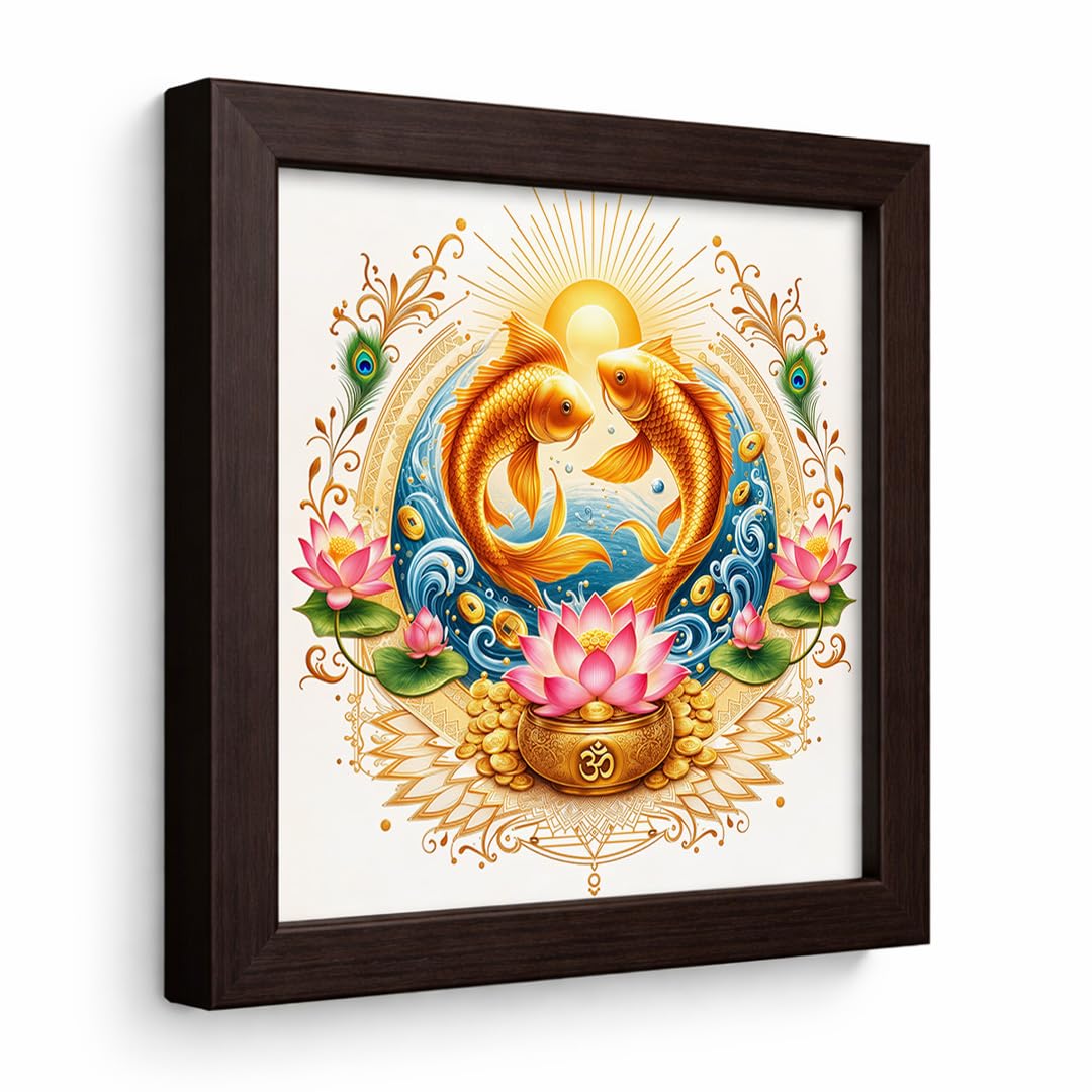Pair Fish Koi Moi Golden Vastu Money Prosperity Fengshui Lotus Sacred Harmony Framed Poster Artwork Decor Painting