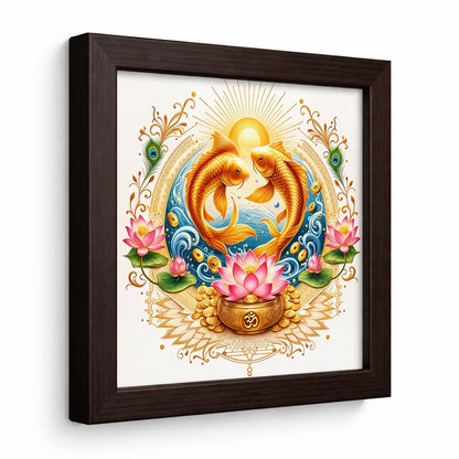 Pair Fish Koi Moi Golden Vastu Money Prosperity Fengshui Lotus Sacred Harmony Framed Poster Artwork Decor Painting
