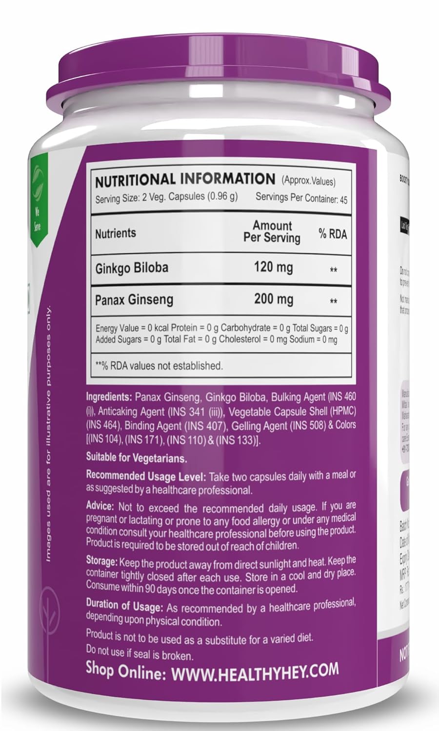 Supplement container with purple label displaying nutritional information and branding.