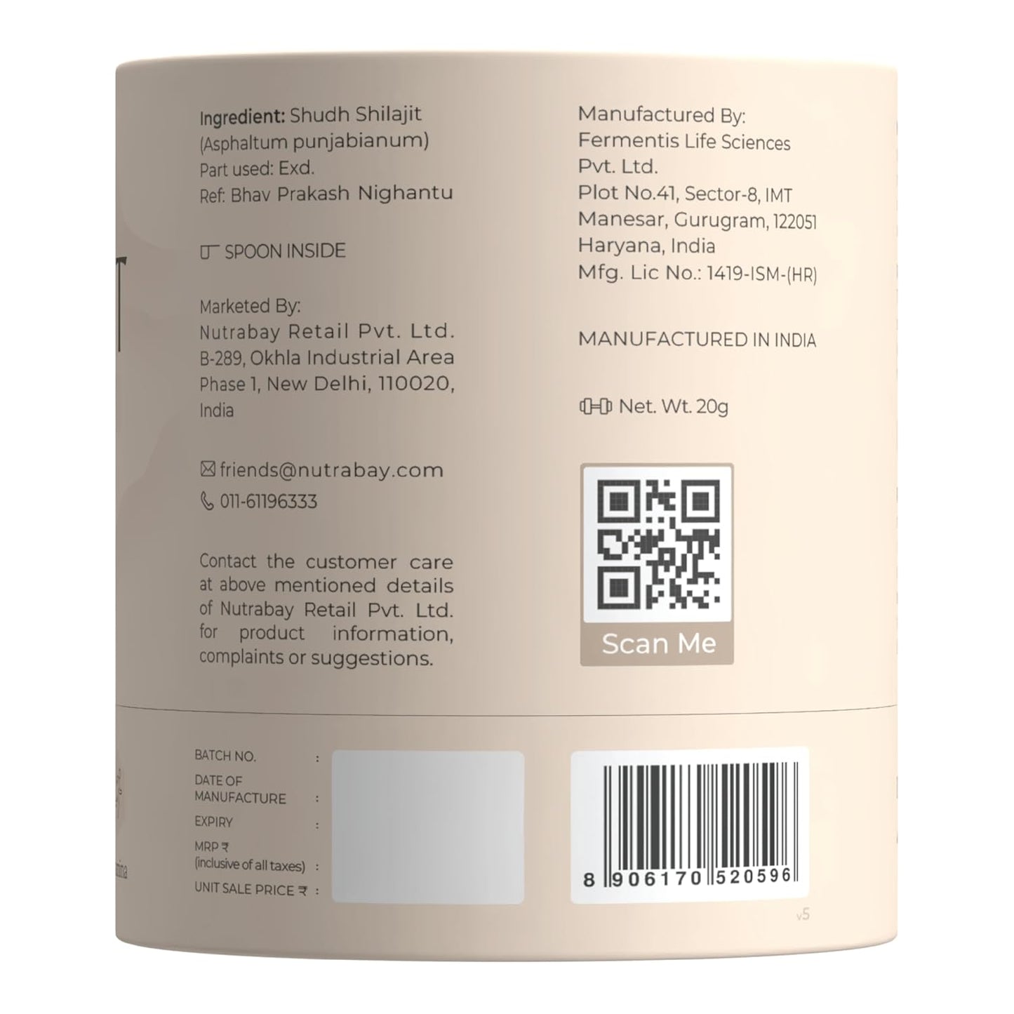 Back label of a product container with text and QR code on a beige background