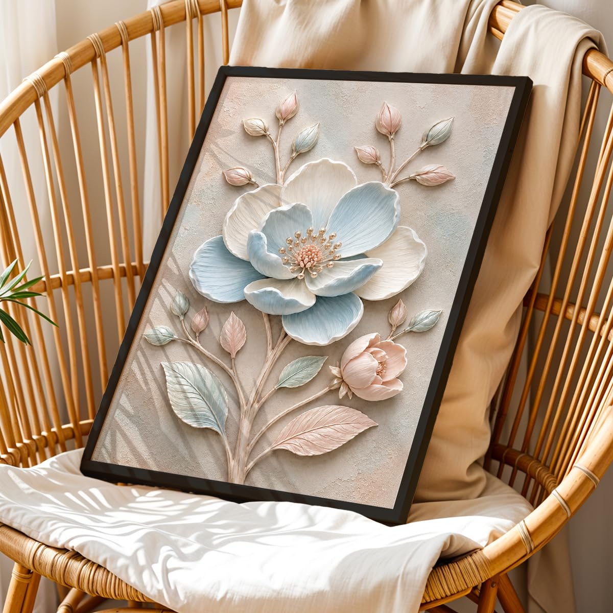 Floral Botanical Wall Painting with Frame | Premium Textured Flower & Leaf Artwork, Pastel Nature Wall Decor Framed for Living Room Bedroom Office and Home Decoration (Art-13,13x19inch)