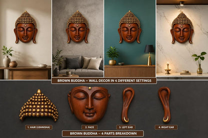 Brown & Gold Buddha Face Wall Hanging Statue for Home Decor, Premium Resin Meditation Buddha Wall Art for Living Room, Office, Temple, Yoga Room & Spiritual Decoration
