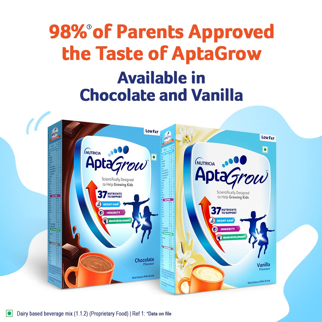 AptaGrow Milk Drink Powder For Kid S Height Gain,Immunity & Brain Development,Nutritious & Tasty Chocolate Flavor,400 G|37 Nutrients|Prebiotics|Low Fat|Veg,1 Count,13 Servings