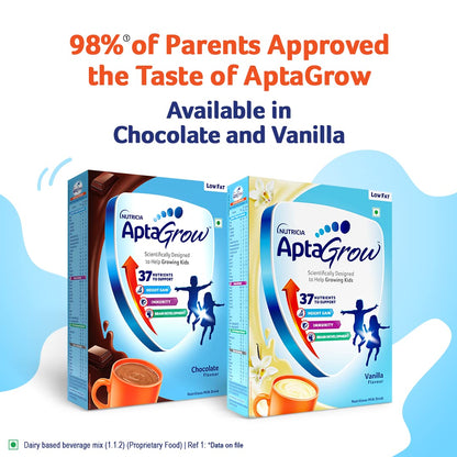 AptaGrow Milk Drink Powder For Kid S Height Gain,Immunity & Brain Development,Nutritious & Tasty Chocolate Flavor,400 G|37 Nutrients|Prebiotics|Low Fat|Veg,1 Count,13 Servings