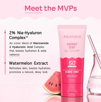 Aqualogica Radiance+ Dewy Gel Sunscreen SPF 50+ PA++++, 80g | 2% Nia-Hyaluron Complex | Broad Spectrum UVA/UVB & Blue Light Protection | Fragrance-Free | No White Cast | Lightweight | Anti-Pollution | For Men & Women