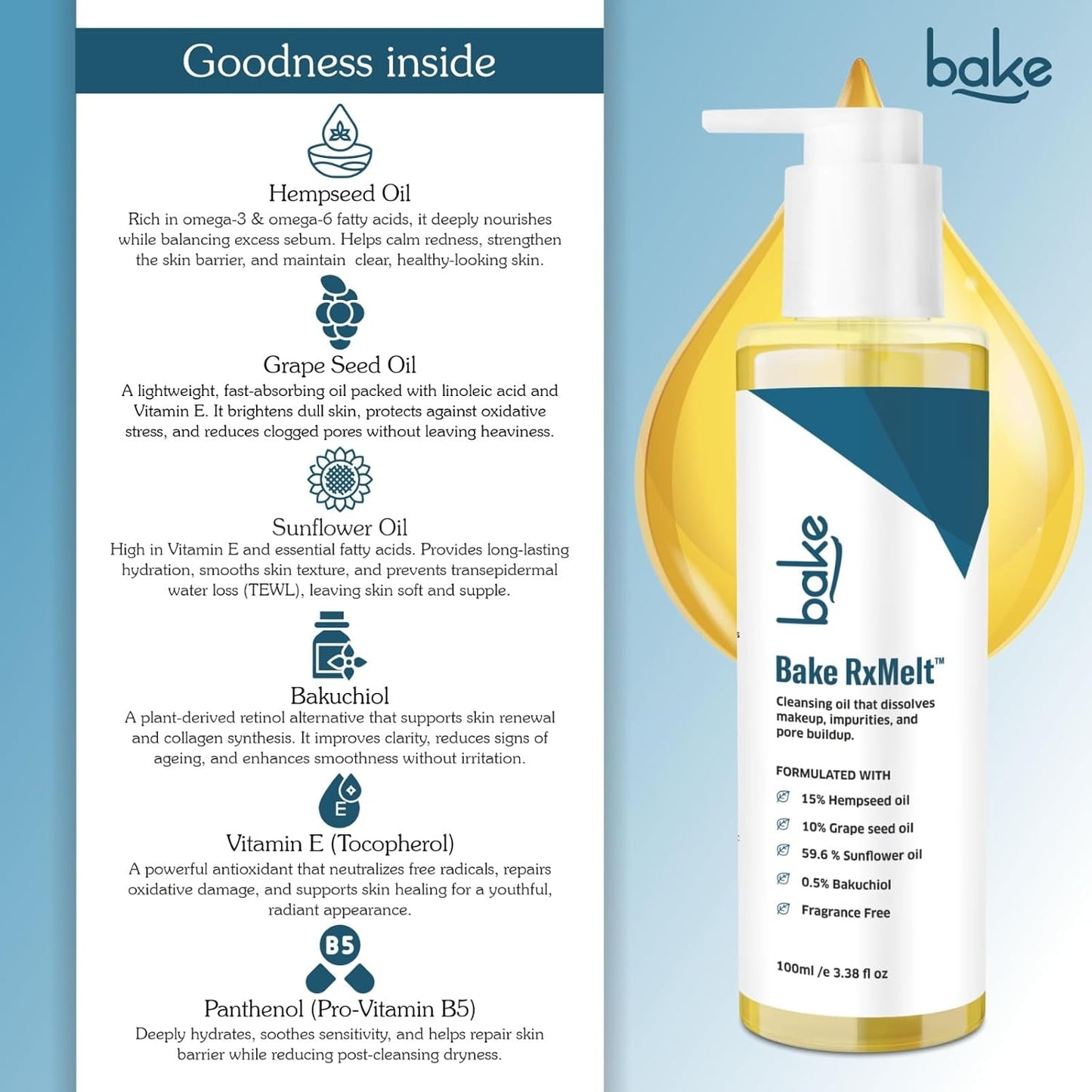 BAKE RxMelt™ Cleansing Oil for Removing Waterproof Makeup & SPF | With 15% Hempseed, 10% Grape Seed Oil, 0.5% Bakuchiol | Removes Impurities & Pore Buildup | Fragrance-Free | For Men & Women – 100ml