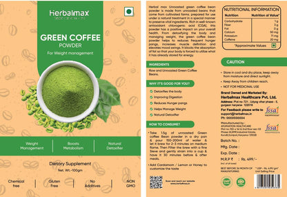Herbal Max Green Coffee Powder | Natural Weight Management & Energy Support | Organic, All-Natural Supplement for Digestion, Metabolism & Daily Wellness | 100 g