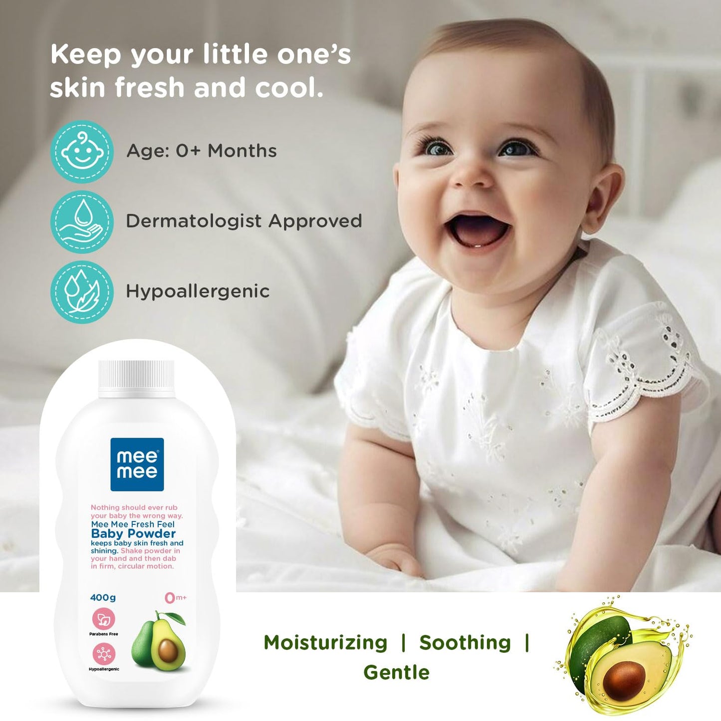 Mee Mee Baby Talcum Powder 400 g | Dermatologically Tested | Key Ingredients: Talc, Fragrance, Zinc Oxide | Product Benefit: Keeps Skin Dry, Fresh & Smooth