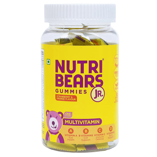 NutriBears Kids Multivitamin Gummies | 12 Essential Nutrients | No Artificial Colours or Sweeteners | Low Sugar | Immunity, Growth & Brain Development | Age 2-12 | Strawberry & Orange | 30 Gummy Bears