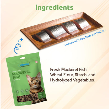 Petoska Mackerel Fish Cat Treats - 100g | Air-Dried Ocean-Caught Mackerel Bites with Taurine & Omega-3 | Chewy Snack to Support Heart, Shiny Coat & Joints | Kittens & Adult Cats