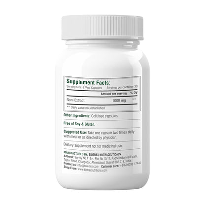 Biotrex Nutraceuticals Noni 1000mg - 60 Capsules, Traditional Herb Supplement With Antioxidant Properties.