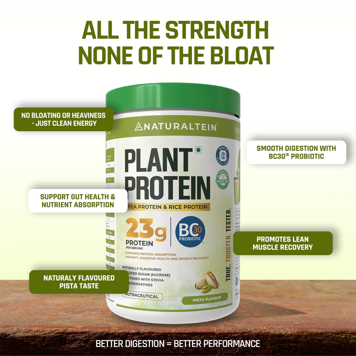 Naturaltein plant protein supplement with green lid on a wooden surface, featuring text about benefits.