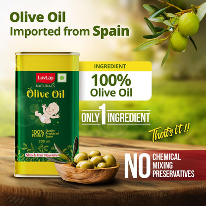 LuvLap Naturals Baby Body Massage Olive Oil, 100% Olive Oil for New Born, 200 ML, Spanish Premium, Enriched with Vitamin E, Enhances Bone & Muscle Strength