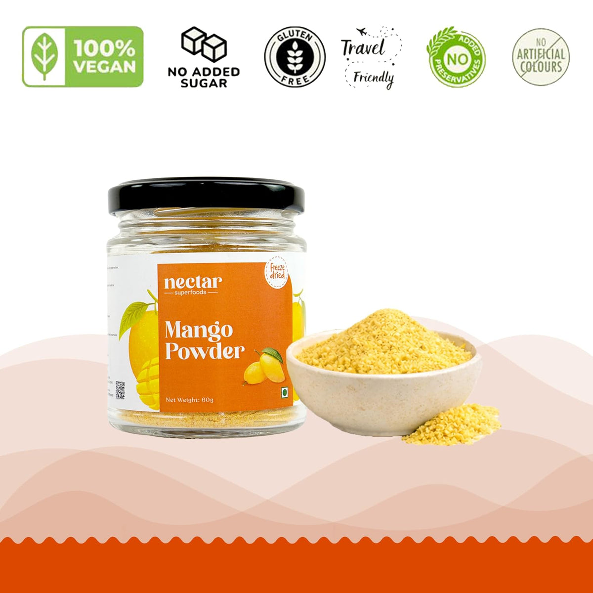 Nectar Superfoods Freeze Dried Mango Powder- 60 grams Jar-Pack of 1 Nos | 100% Natural | No Added Sugar, Preservative-Free & Vegan | Processed in India