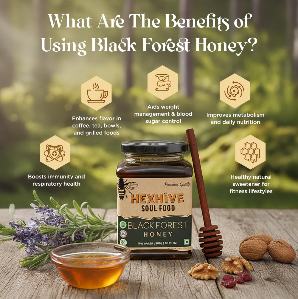 Hexhive Black Forest Honey with benefits listed on a wooden surface with honey dipper and flowers.