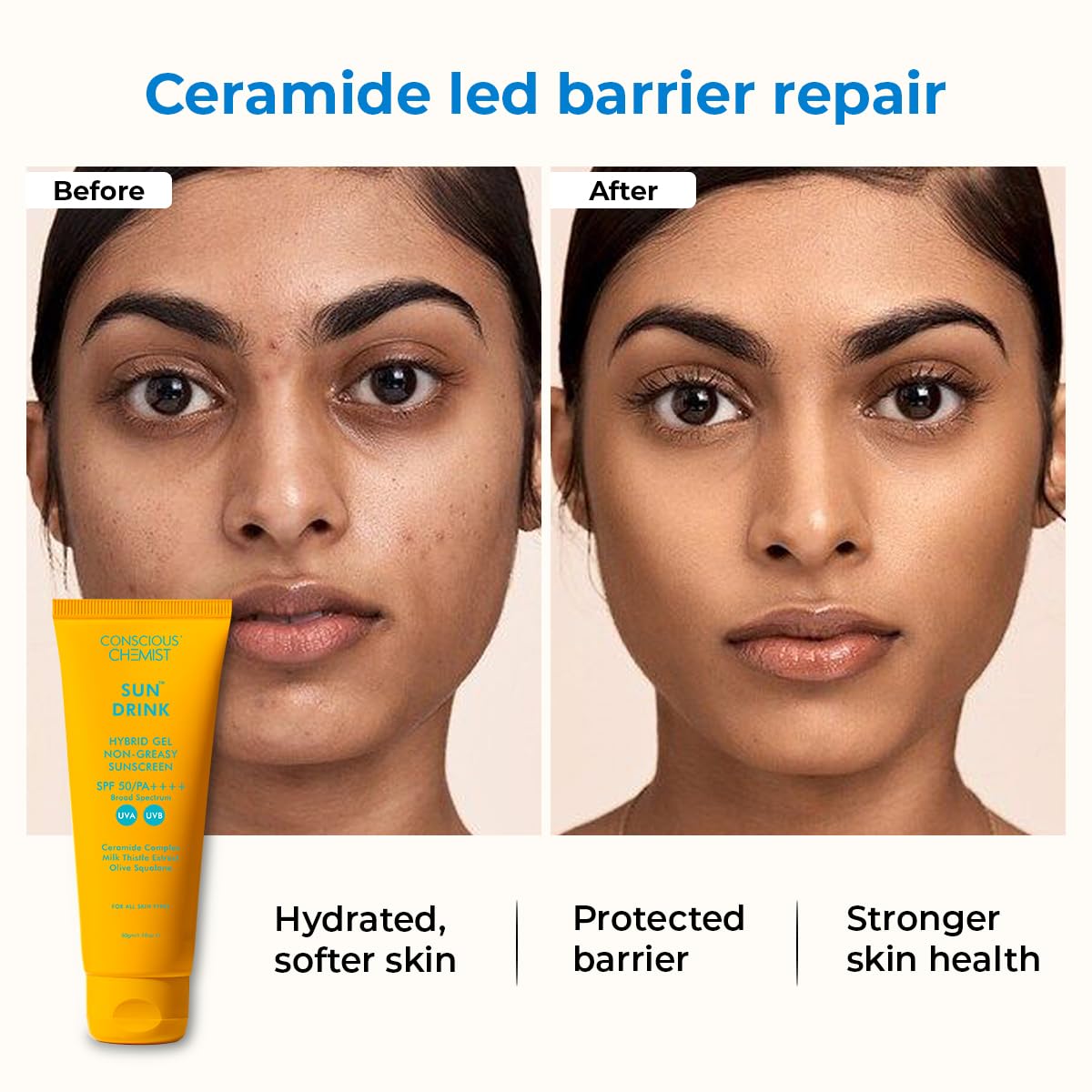 Before and after comparison of a woman's face with ceramide LED barrier repair, showing hydrated, softer skin.