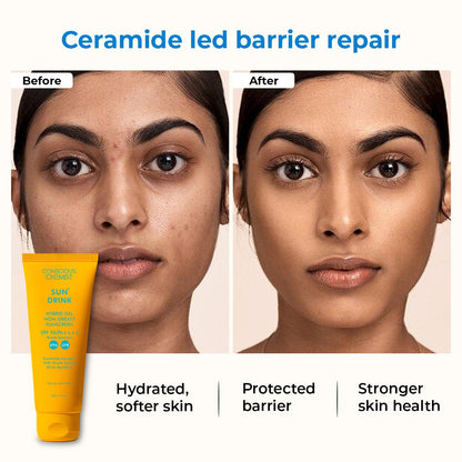 Before and after comparison of a woman's face with ceramide LED barrier repair, showing hydrated, softer skin.