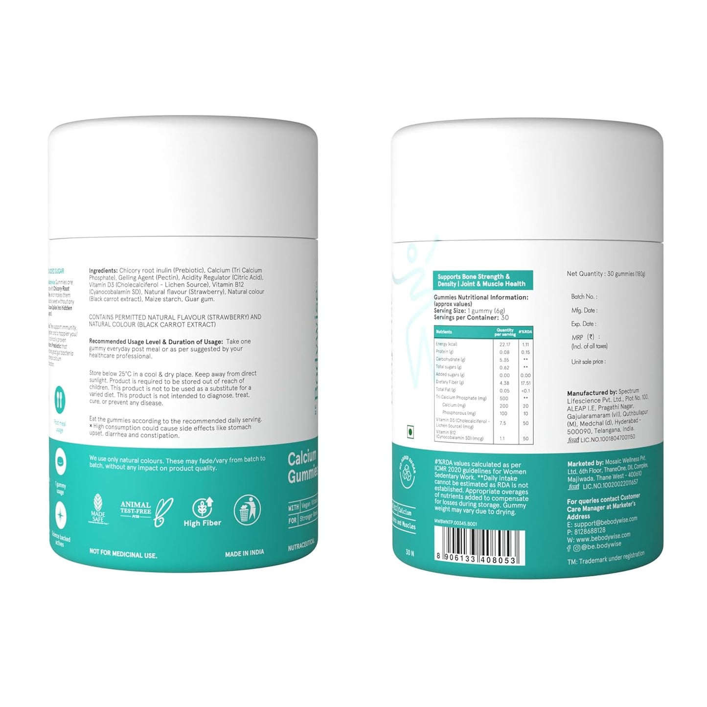 Be Bodywise Calcium Gummies | With Vitamin D3, B12 & Chicory Root Fibre | 500mg Calcium/Gummy| Supports Bone Strength, Joint & Muscle Health | Gut-Friendly Formula | No Added Sugar | 30 Gummies